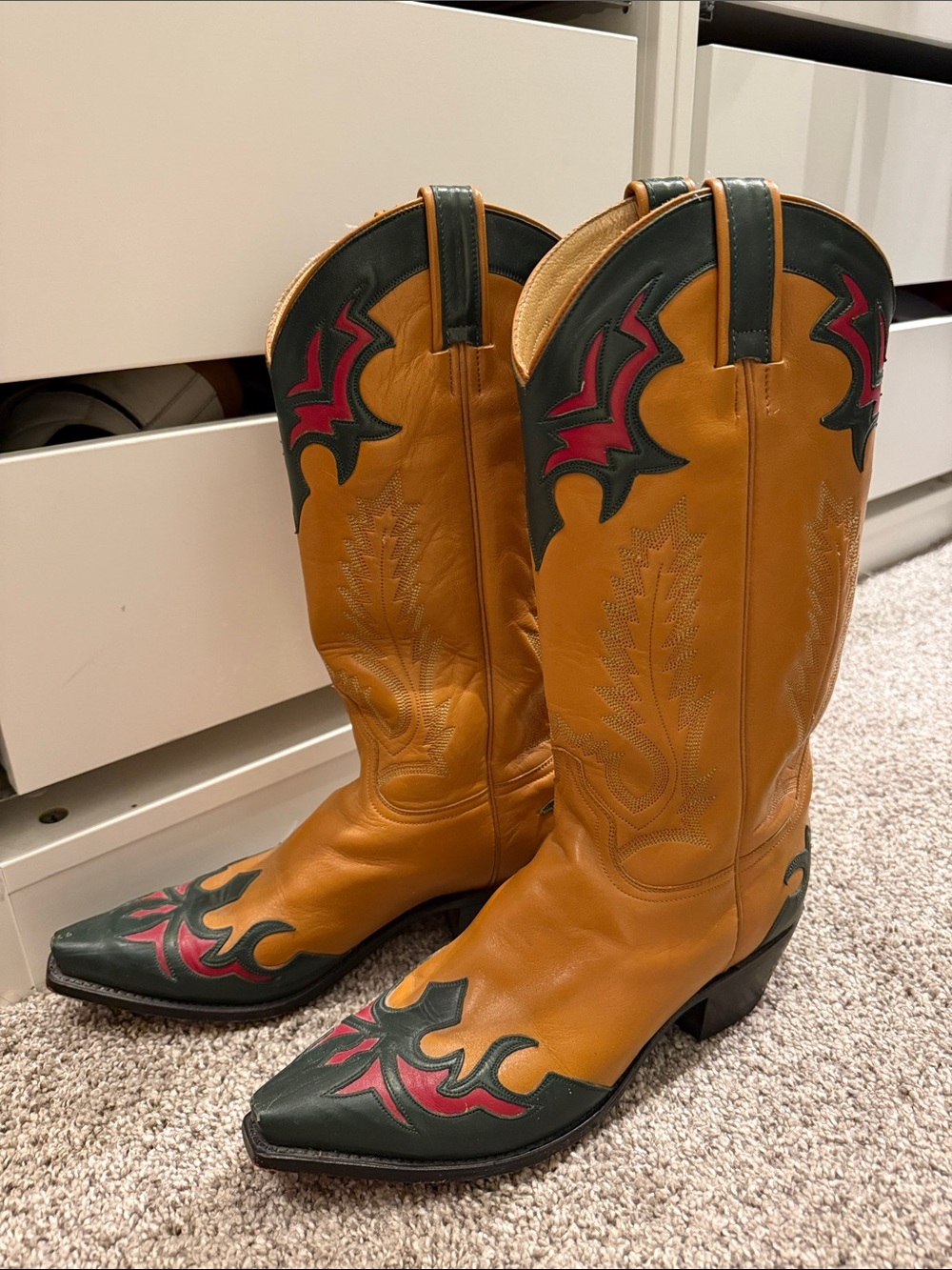 Dan Post Tan Leather Cowboy Boots with Green and Red Accents